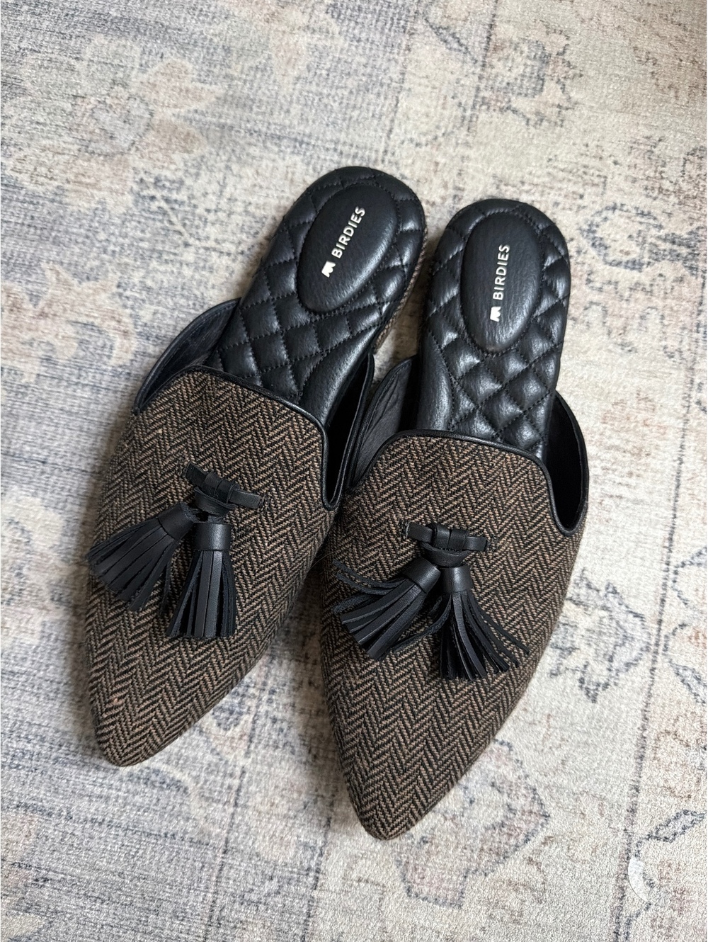 Birdies Brown Herringbone Tassel Pointed Toe Slip-On Flats, Size 9